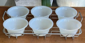 Setof 6 Fire King Custard Cups Ivory Milk Glass In Wire Baking Rack Holder - Picture 1 of 5