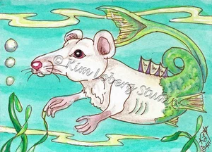 Meeresratte Nager Fischschwanz ACEO EBSQ Loberg Fantasy Meereskreatur Mini Art Maus - Bild 1 von 3