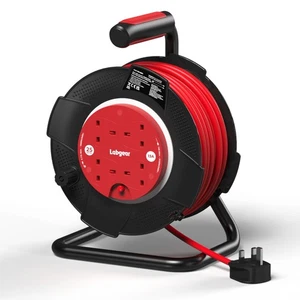 Labgear 25 m Verlängerungskabel 4 Buchsen Schwerlast Kabeltrommel UK Stecker rot - Bild 1 von 7