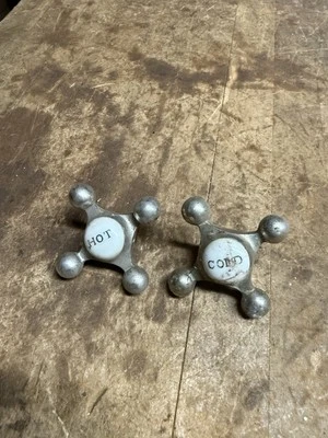 Vintage Hot & Cold Bathroom Sink Tub Faucet Porcelain Handles Set Pair Parts USA - Image 1 of 4