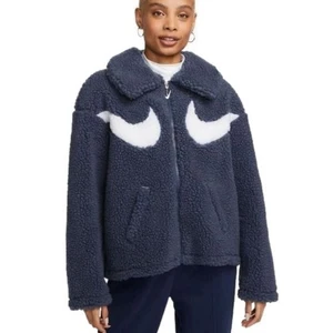 Nike Womens Oversized Sherpa Fleece Jacket Full Zip Blue White Swoosh Logo XXL - Picture 1 of 12