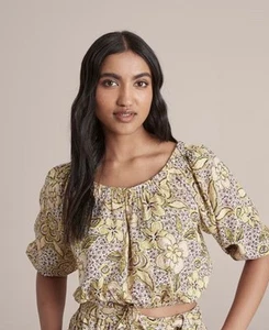 Linen Blend Floral Cropped Blouse Top Boho Chic Flowy Cruise Resort 12 M - Picture 1 of 15