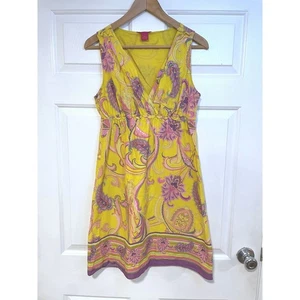 Sunny Leigh 100% Cotton Bold Yellow Paisley Print Tank Dress M 8 Colorful Bright - Picture 1 of 7