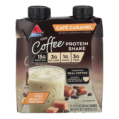 Batido de caramelo Atkins Café 4 batidos 11 fl oz 325 ml cada dieta Atkins Foto 1 de 3