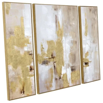 3 Piece Abstract Wall Art for Living Room – Gold and Beige Modern Textured Ca... - Image 1 of 4
