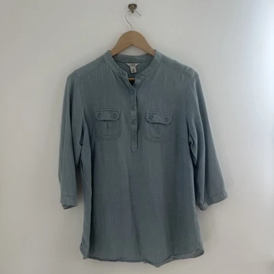 LL Bean Linen Lyocell Blend Top Tunic Pullover 3/4 Sleeves Light Blue Buttons M - Image 1 of 4