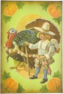 Vintage Thanksgiving Postcard RETRO Antique NEW REPRINT Pumpkins Turkey Boy - Picture 1 of 2
