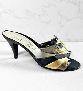 Vintage Shoes | 1970s Vintage Italian Black & Gold Mules UK 7|Eur 40 | Retro - Picture 1 of 6