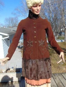 VTG Late 1910 Early 1920 Brown Embroidered Wool Coat Fur Trim XS/sm - Picture 1 of 14