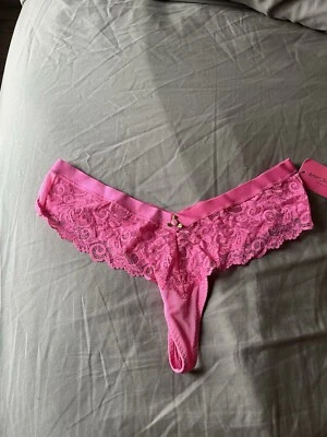 Brand New Betsey Johnson Pink Lace Thong   Size Small Lingerie Bow Stretch Mesh - Image 1 of 4