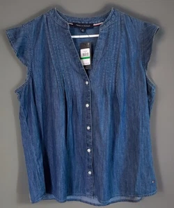 Tommy Hilfiger Women’s Denim Blue Button Up Shirt Sz L Pin Tuck Sleeveless NWT - Picture 1 of 7