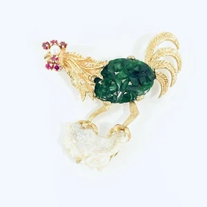 14K Rooster Pin Yellow Gold Jewelry Jade Baroque Pearl Ruby Chicken Brooch Vtg - Bild 1 von 5