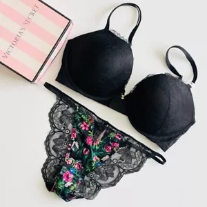 38DD XXL Victoria’s Secret black lace pushup bra set floral cheeky panties - Picture 1 of 7