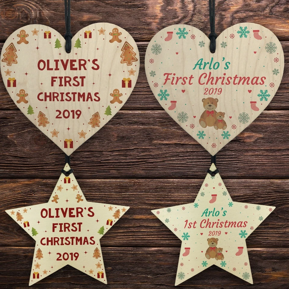 Personalised Baby's First 1st Christmas Wood Heart Star Tree Decoration Bauble - Image 1 of 1
