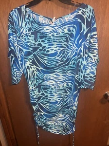 Swim Cover Up Blue Tunic Island Beach Dress 3/4 Sleeve V-neck Size S/M - Picture 1 of 3