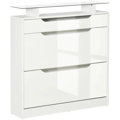 HOMCOM Shoe Cabinet with 3 Drawers, High Gloss Front Panels, Glass Top White - Image 1 of 4