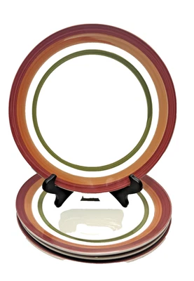 Lote/4 platos de cena Royal Norfolk de gres rojo/naranja/verde con patrón de rayas Foto 1 de 4