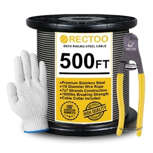 500FT 1/8" T316 Cavo in Acciaio Inox con Taglierina,7x7 Fili Corda Filo Aereo - Foto 1 di 7