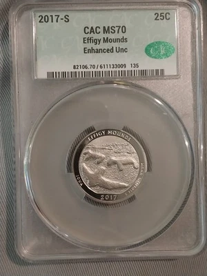 2017 S Effigy Mounds Quarter CAC MS70 Enhanced UNC HIGHEST GRADE TOP POP - Image 1 of 3