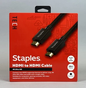 New in Box Staples HDMI to HDMI Cable 25 ft, 4K ultra HD ST62476 Male to Male  - Picture 1 of 3