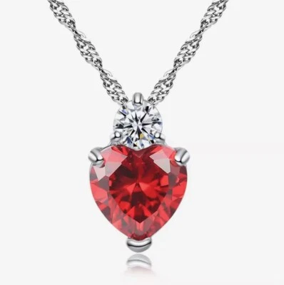 Garnet Heart Jewelry Silver Love Necklace Crystal Pendant Valentine Gift - Image 1 of 4