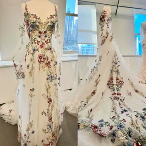 Illusion Spaghetti Straps A-Line Wedding Dress Long Sleeve Floral Bridal Gowns - Picture 1 of 7