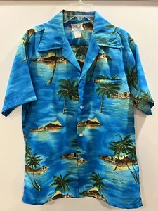 VTG Hawaiian Shirt KOLE KOLE Authentic Blue Tropical Island Palm Trees Mens Med - Picture 1 of 5