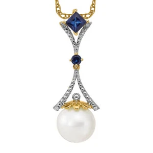 14K Solid Yellow Gold Diamond 8mm Round Freshwater Cultured Pearl/created Blu... - Picture 1 of 12