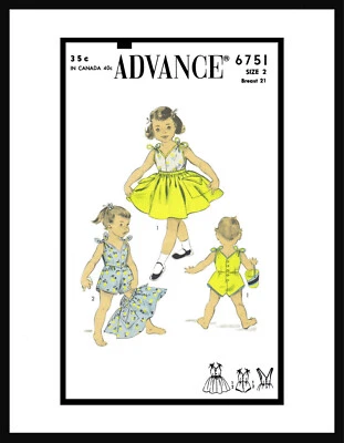 Advance # 6751 Sewing Pattern GIRLS Doll Playsuit Sunsuit & Skirt Sz 2 ADORABLE! - Image 1 of 4