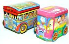 VINTAGE PAIR WHEELED FIGURAL SWEETS/BISCUITS TINS SUPER TOURS BUS & DUCK FARM