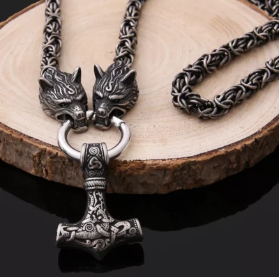 Odin's Wolves Viking Necklace | Mjolnir Pendant | Fenrir Wolf | Viking Jewelry - Image 1 of 4