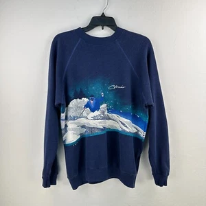 Vtg 80s Sweatshirt Colorado Skiing Powder Graphic Print Wraparound Mens L Blue - Picture 1 of 10