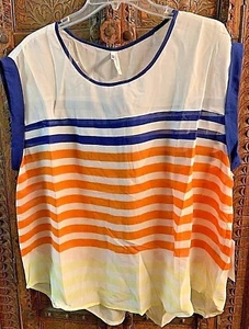 SLEEVELESS TOP BLOUSE PLUS SIZE WOMEN STRIPES NAVY ORANGE YELLOW WHITE - Picture 1 of 3