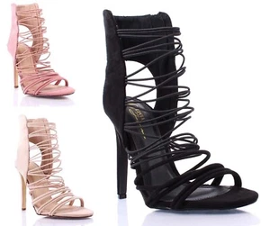 Women Strappy Gladiator Faux Suede Stiletto Sandals Side Zipper High Heel Shoes - Picture 1 of 14