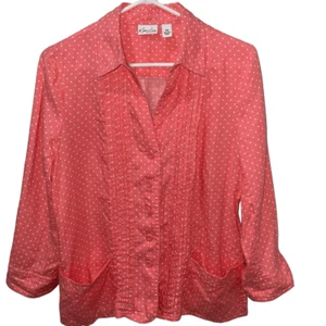 Kim Rogers Pale Orange Coral & White Polka Dot Linen Button Down - Size Petite M - Picture 1 of 7