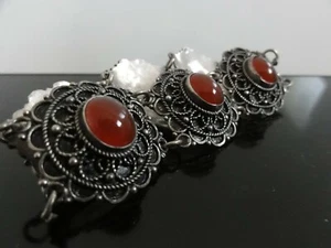 Antique FAB 935 Sterling Silver Carnelian Agate Etruscan Style Linked Bracelet - Picture 1 of 10