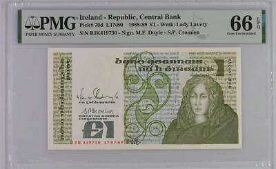 Ireland 1 pound Medb P70d Irish Irland 17.7.89 PMG 66EPQ UNC BJK 419 750 3/3 - Image 1 of 2