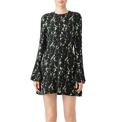 Vestido de Seda A.L.C Trixie Verde Negro Estampado Manga Campana Mini Línea A talla 0 Foto 1 de 4