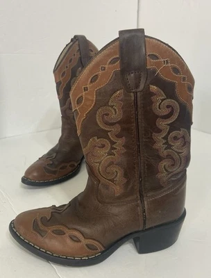 Old West Girls Cowboy Boots Children's Size 12D Brown Leather Pull On Western - Image 1 of 4