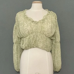 Blu Pepper Women Top S Green Ditsy Floral Sheer Cropped Puff Cottagecore Feminie - Picture 1 of 11