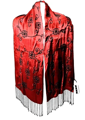 De colección Chal Cuentas Rosas Bufanda con Borlas Mujer 34" Rojo/Negro 34" Zazou ¡NUEVO! Foto 1 de 4