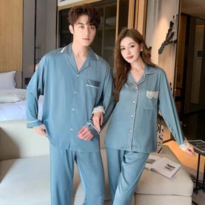 Women Ice Silk Pajamas Set Couple Sleep Tops and Pants Lovers Loungewear Pyjamas - Picture 1 of 7
