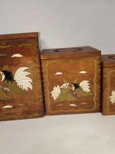 Vtg 50s Nesting Kitchen Canister Set Wood Fighting Rooster Dovetail Joint Japan - Picture 1 of 5