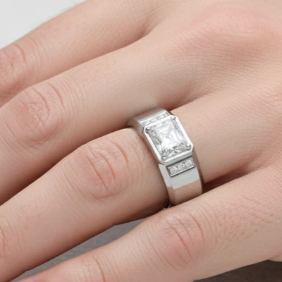 Anillo solitario de diamantes/CVD cultivados en laboratorio de corte radiante de oro blanco real de 18 k para hombre Foto 1 de 4