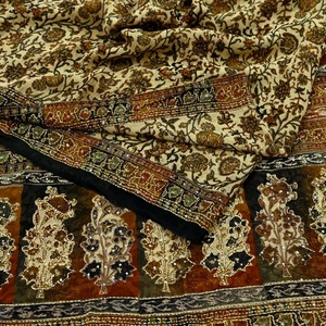 Vintage Beige & black Saree Pure Georgette Silk Hand Embroidered Kantha Sari 5y - Picture 1 of 23