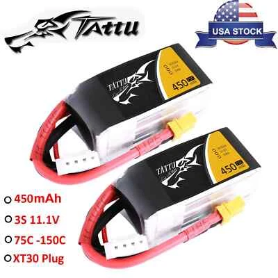 2x Tattu 3S 450mAh 75C 11.1V Lipo RC Airplane / Drone Battery Pack w/ XT30 Plug - Image 1 of 4