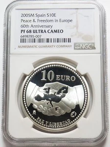 2005 M SILVER SPAIN 10 EURO PEACE & FREEDOM IN EUROPE COIN NGC PF 68 ULTRA CAMEO - Picture 1 of 2