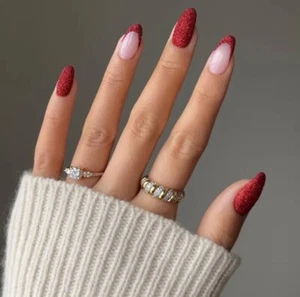 24 Medium Almond Red Glitter French Tip Christmas Press On False Nails Brand New - Picture 1 of 6