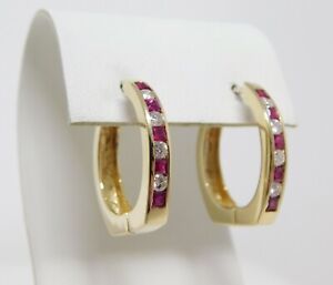 14 kt Yellow Gold Pair of Diamond & Ruby Hinge Huggie Hoop Earrings B2676