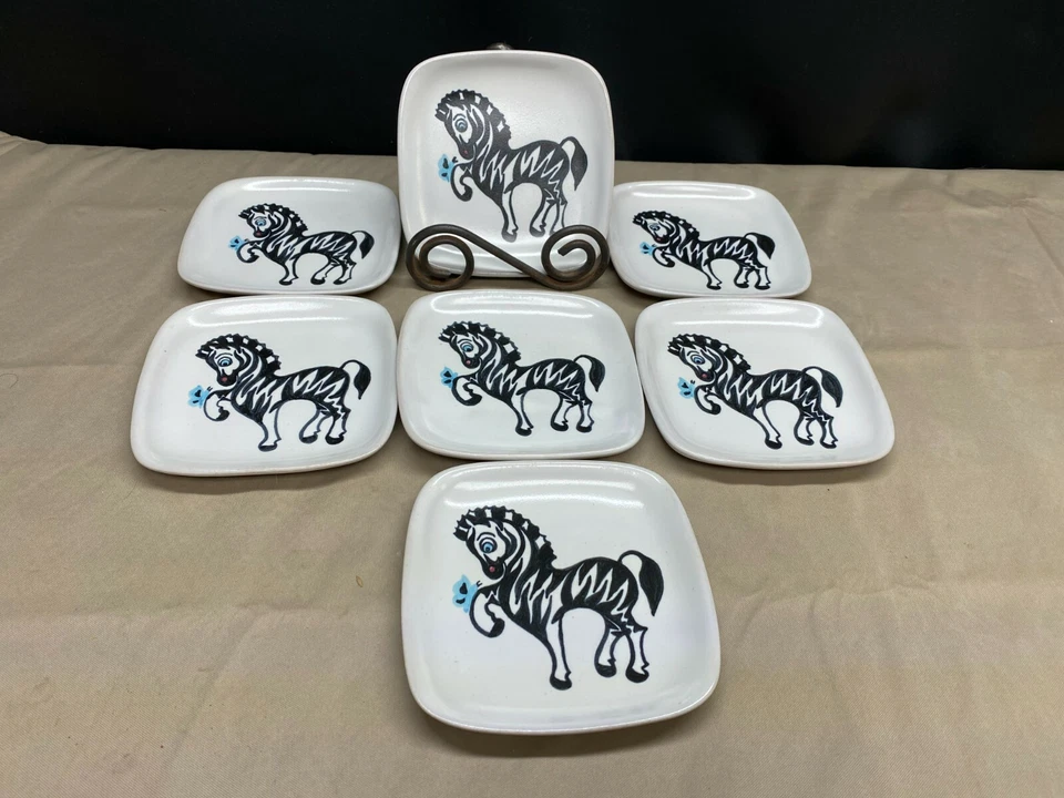 Set of 7 ~ Glidden Art Pottery "ZEBRA" Canape Appetizer Plates #35  ~ 5 1/2"  - Image 1 of 4